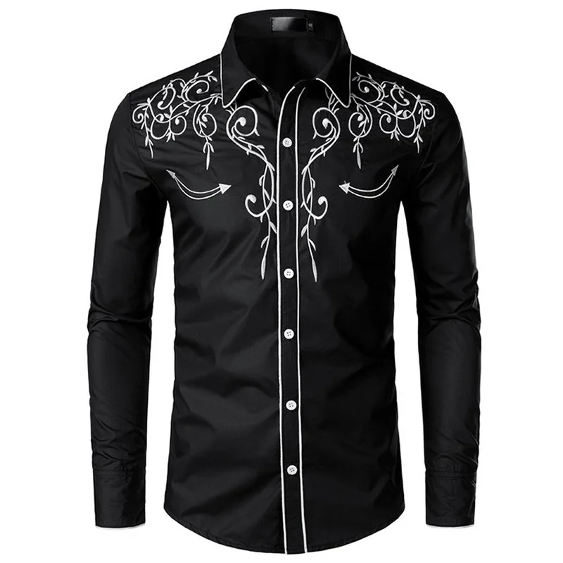 Men Shirts Long Sleeve Slim Fit West Cowboy Style Embroidery Stage Shirt Ball Nightclub Singer Host Dancer Costume Party Prom