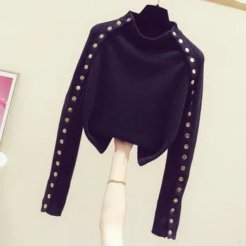 

Female Bottoming Knitted Top 2019 New Autumn Winter Solid Color Button Decoration High Collar Casual Women Pullovers Sweaters