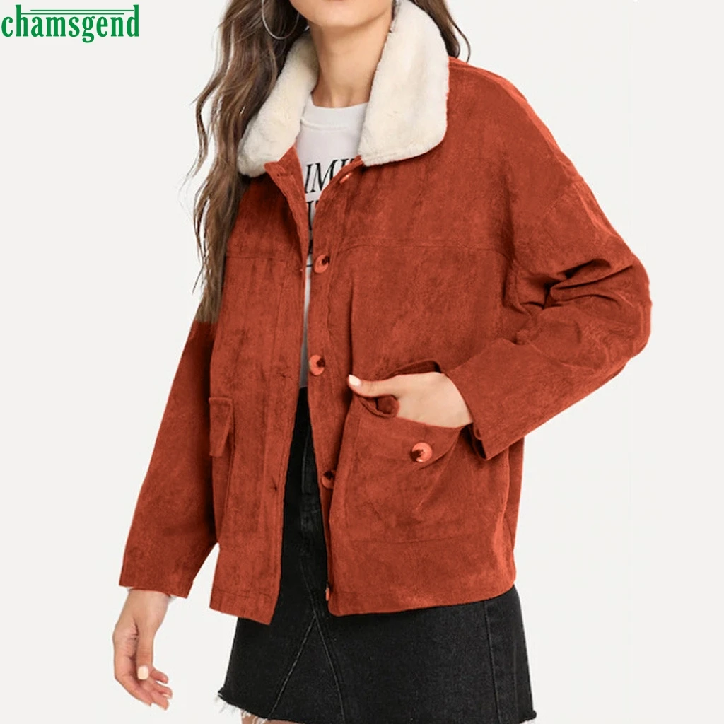 

Chamsgend New Corduroy Long Sleeve Coats Women's Winter Fashion Jackets Fur Collar Brown Tops Single Breasted Abrigos De Pana
