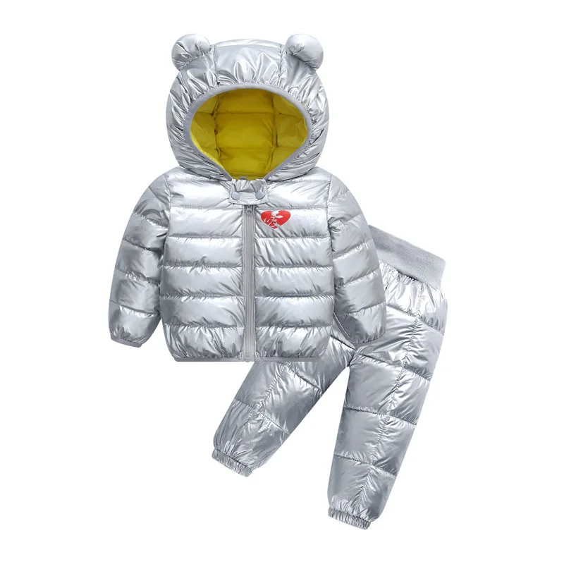 Пуховый хлопковый Детский костюм зимняя одежда куртка с капюшоном для мальчиков и девочек, штаны, комбинезоны теплая детская одежда - Цвет: Silver