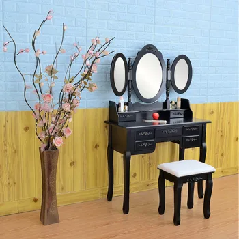 

Dressing Table Storage Cabinet Dresser With Foldable Three Oval Mirrors 7 Drawers Exquisite Makeup Table Bedroom Furniture Black
