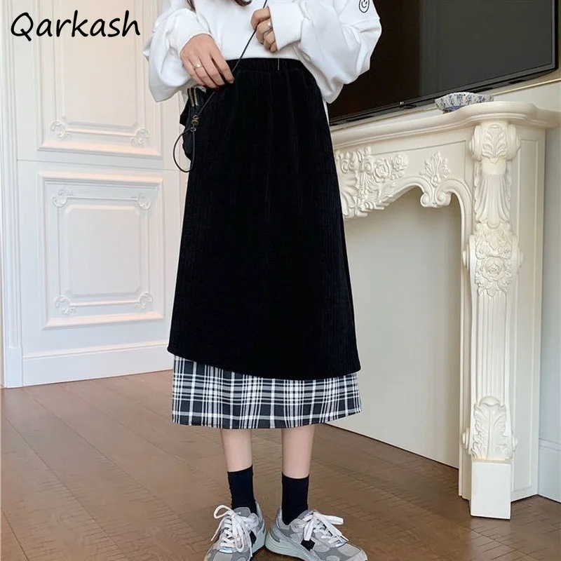 

Skirts Women Corduroy Patchwork Plaid Design A-line Casual Students All-match Fashion Clothing Ins Vintage Ulzzang Female Chic