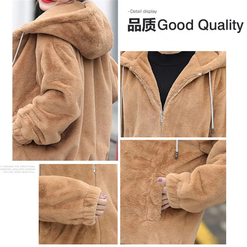 Faux Rex Rabbit Fur Coat Female Winter New Long Sleeve Korean Loose Plush Thick Hoodies Sweatshirt Jacket For Women f2084