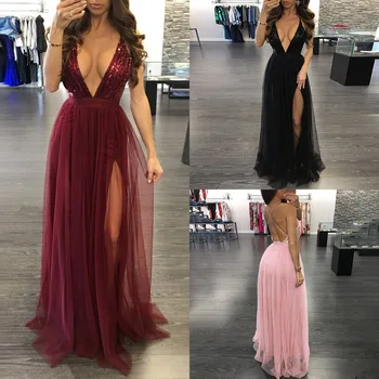 

Long Sexy Evening Dresses Deep V-Neck Sequined Split Evening Gowns Formal Dress Elegant Backless Abendkleider Vestido De Noche