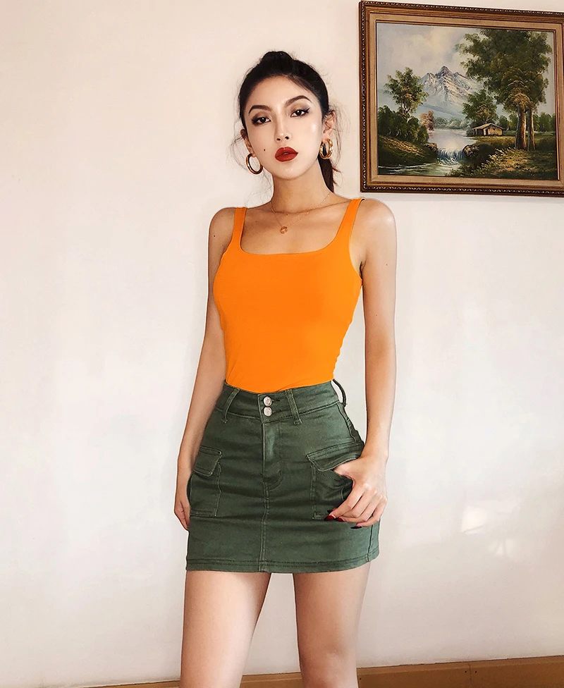 BRADELY MICHELLE 2020 Summer Streetwear Casual Women's Top Elastic Cotton sleeveless Square collar Short Tank Bar | Женская одежда