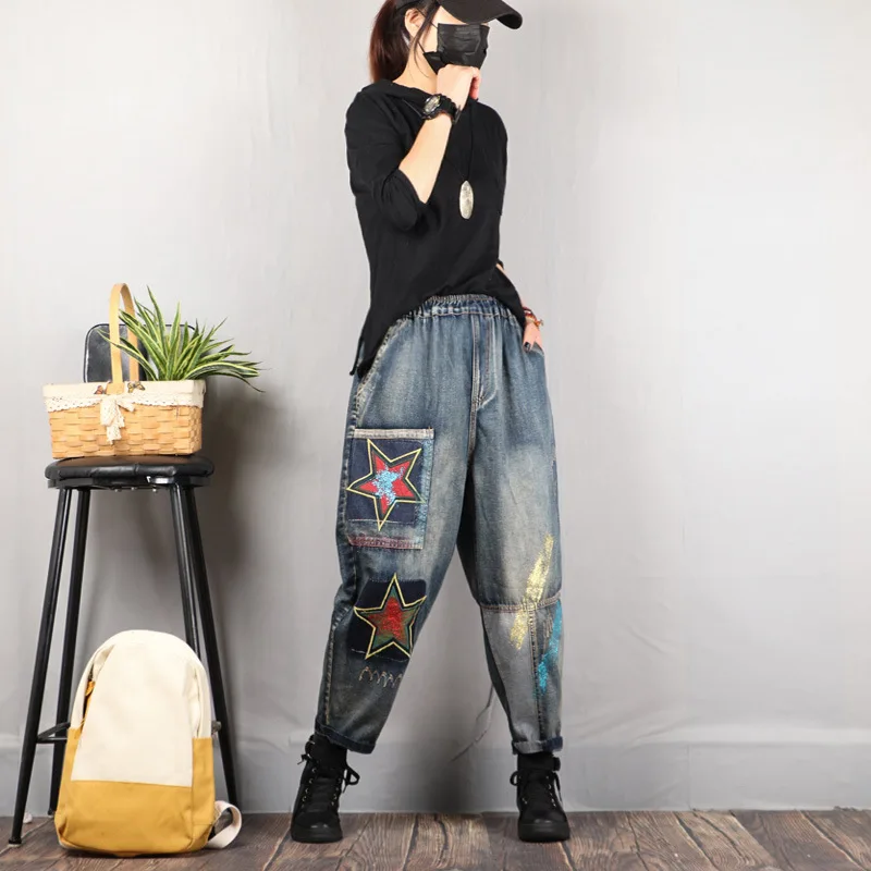 Max LuLu весенние корейские модные женские джинсы с вышивкой Женские Свободные Лоскутные Джинсовые брюки разорванный гарем брюки размера плюс