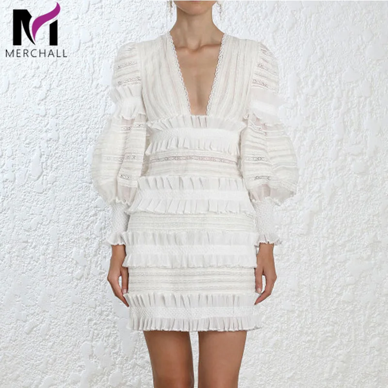 

Sexy Deep V Neck Tiered Ruffles Patchwork White Lace Dress 2019 Autumn Women Brand Designer Puff Sleeve Short Bodycon Dress