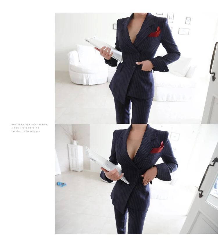 Women‘s Irregular Striped Single Breasted Blazer Coat&Pencil Pant 2 ...