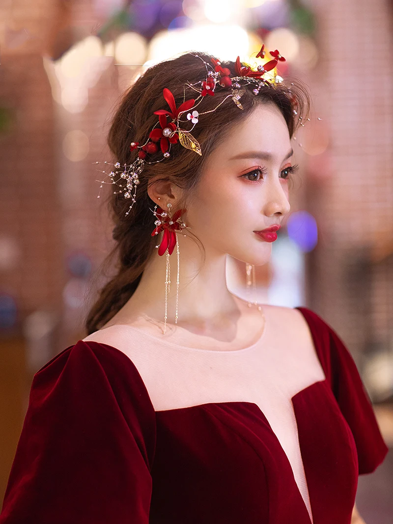 NiuShuya Handmade Bridal Red Flower Pearl Headband Romaantic Hairband Women Crown Tiara Wedding Hair Accessories