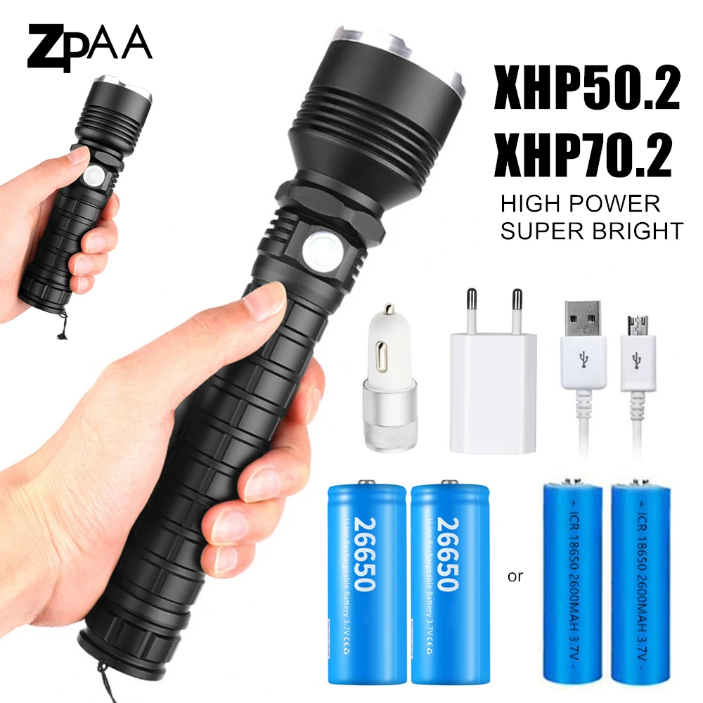 

90000 Lumens LED Tactical Flashlight XHP70.2 XHP50.2 Ultra Bright USB Rechargeable Waterproof Torch Hunting Light 18650 26650