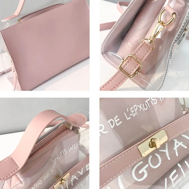 Women Composite Bags PVC Transparent Handbag Letters Printed PU Leather Purse Shoulder Bag-OPK
