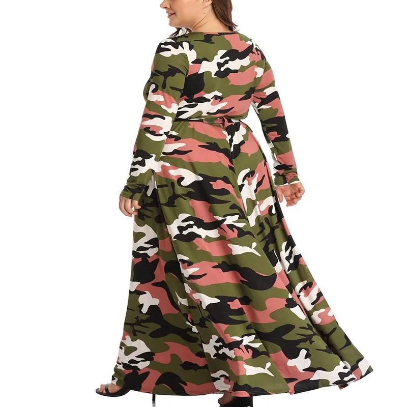 Женское платье с круглым вырезом и длинными рукавами камуфляжное большого