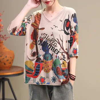 

Vintage Ruched Half-sleeve Sweater Women's Loose Large Tops Cartoon Printed Cotton Tees And Pullovers V Neck Retro Summer Top