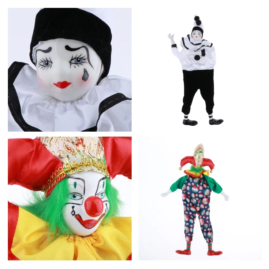 38cm Vintage Porcelain Clown Doll, Hand Painted Harlequin Doll Home Office Display Decoration 