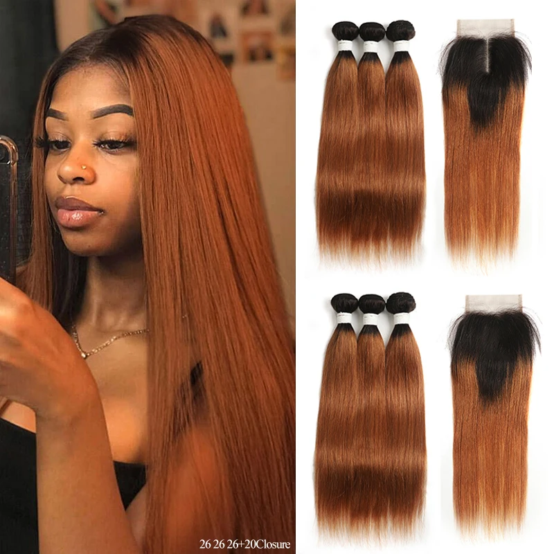 Ombre Brown Bundles With Closure SOKU Brazilian Straight Human Hair Weave Bundles Non-Remy Honey Blonde Bundles With Closure