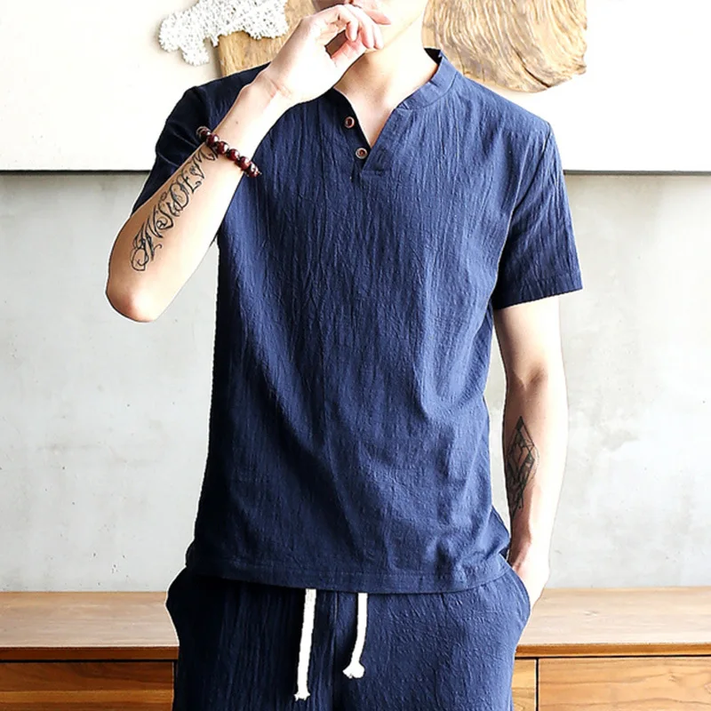 

Boy's Tops Summer Large Size T Chinese-style Casual Cotton Linen V Short Sleeve T-shirt Men's Wear
