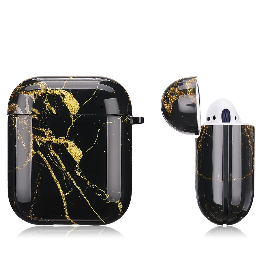

New Luxury TPU Soft Earphone Case For Apple Airpods 1 2 Glossy IMD Black And Gold Marble Design Earphone Cover With Hanger Hook