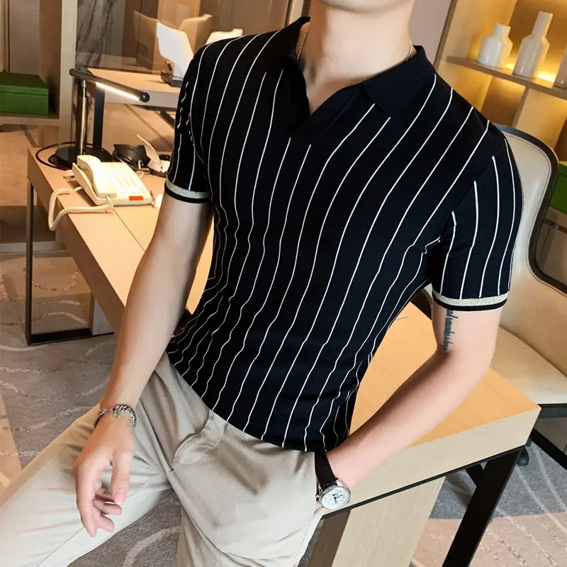 Британский стиль 100% хлопок Вертикальная рубашка поло в полоску для мужчин летние