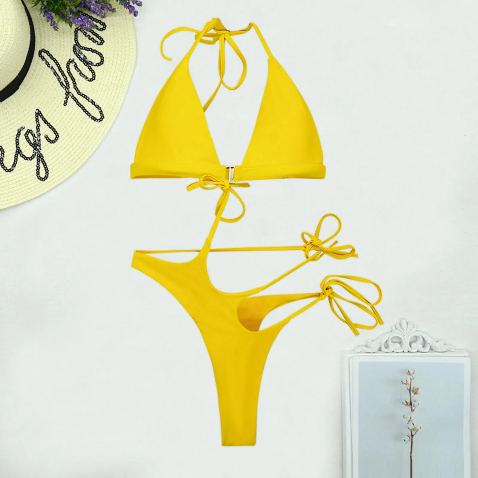 yellow bikini set Swimwear Women Plus Size One Piece Swimsuit 2020 Push Up Monokini Bathing Suit Women's High Cut Swim Suit V neck Halter Trikini leopard bikini set