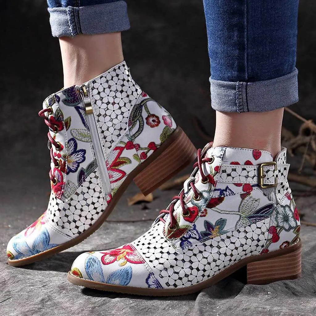 Женские ботильоны из телячьей кожи с цветочным узором; обувь на шнуровке с пряжкой на ремешке; zapatos de mujer