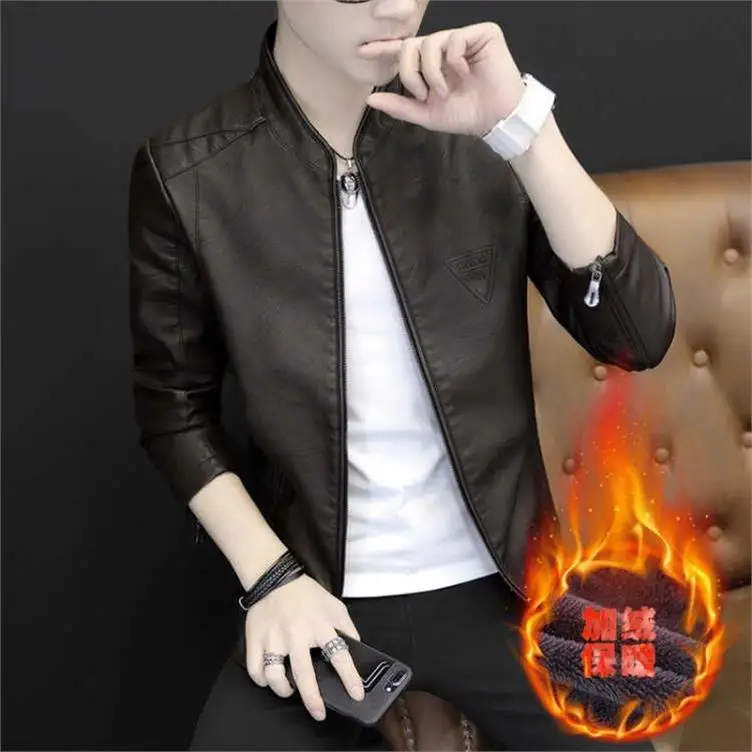 

OLOEY men's leather casual jacket spring and autumn thin section Slim handsome youth trend black PU leather jacket men