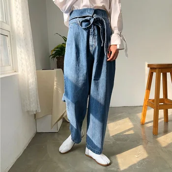 

EWQ / men's wear 2020 spring and summer new bandage high waist denim trousers Korean loose straight pants tide wide legs 9Y1846