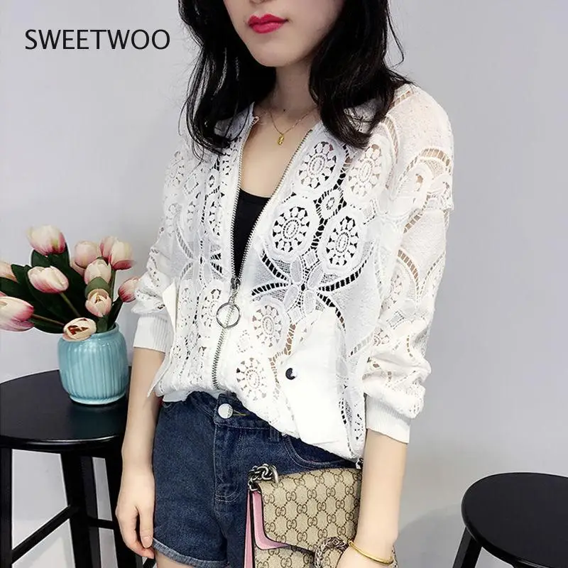 Women Long Sleeve Lace Embroidery Hollow Out Jacket Korean Fashion Short Outwear White Bomber Women Sunproof Coat Tops