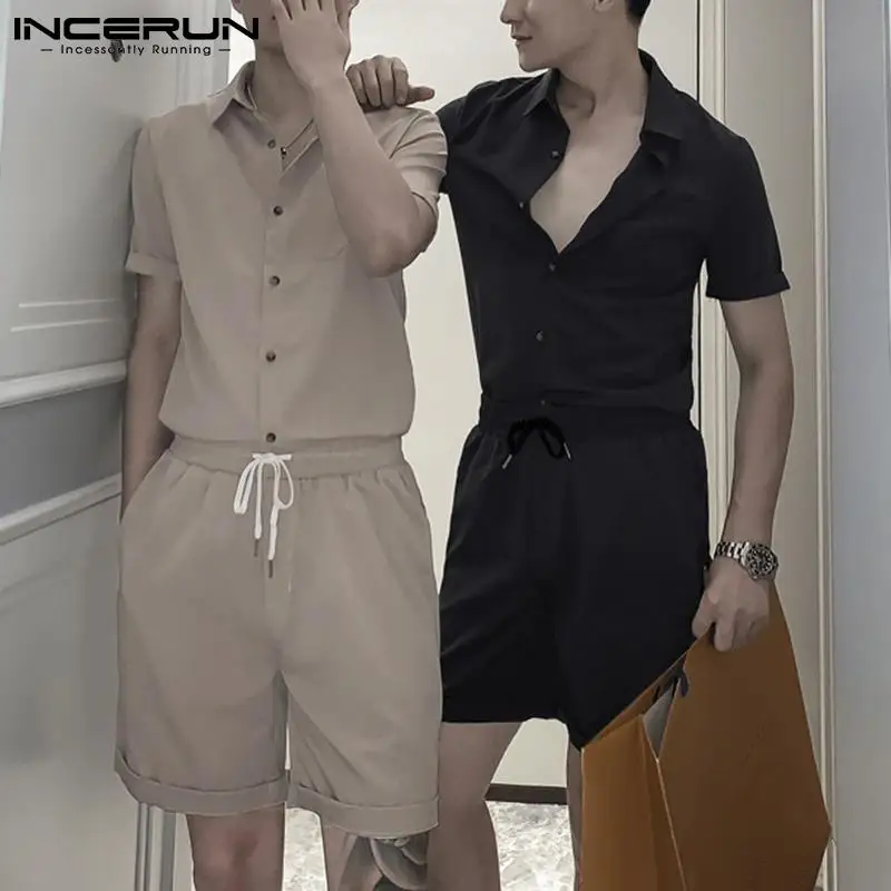 Men Sets Solid Color Breathable 2021 Short Sleeve Lapel Shirt Drawstring Shorts Streetwear Men Casual Suits 2 Pieces INCERUN 7 - Image 4