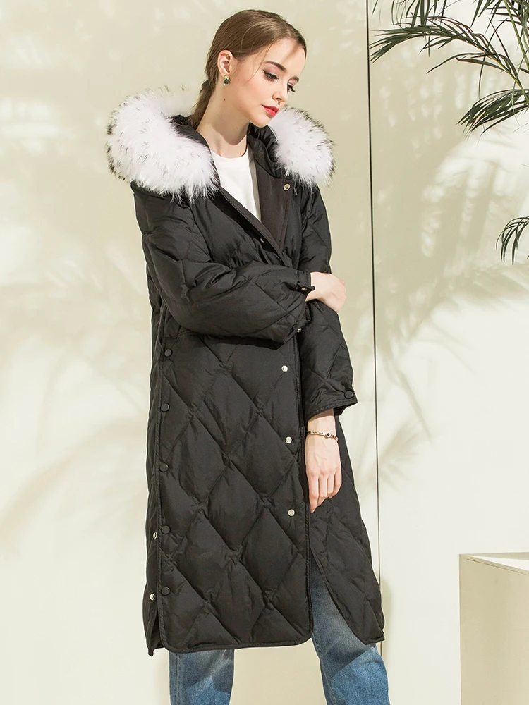 

2020 New Female Down Jacket Woman Hooded Winter Racoon Dog Fur Collar Long Loose Women's Jackets Campera Mujer KJ438
