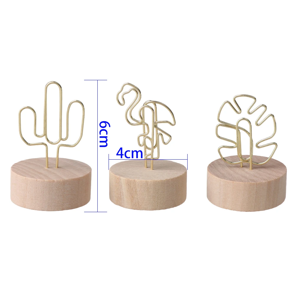 Wooden Base Photo Clip Picture Frame Iron Card Holder Home Desktop Ornament Message Folders Round Frame Decor Tools