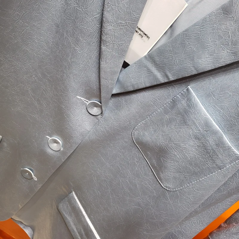 Acetate Mercerized Prints Texture Haze Blue Low Collar Dress Sling + Long Sleeve Suit Two-Piece Autumn Suit, Female