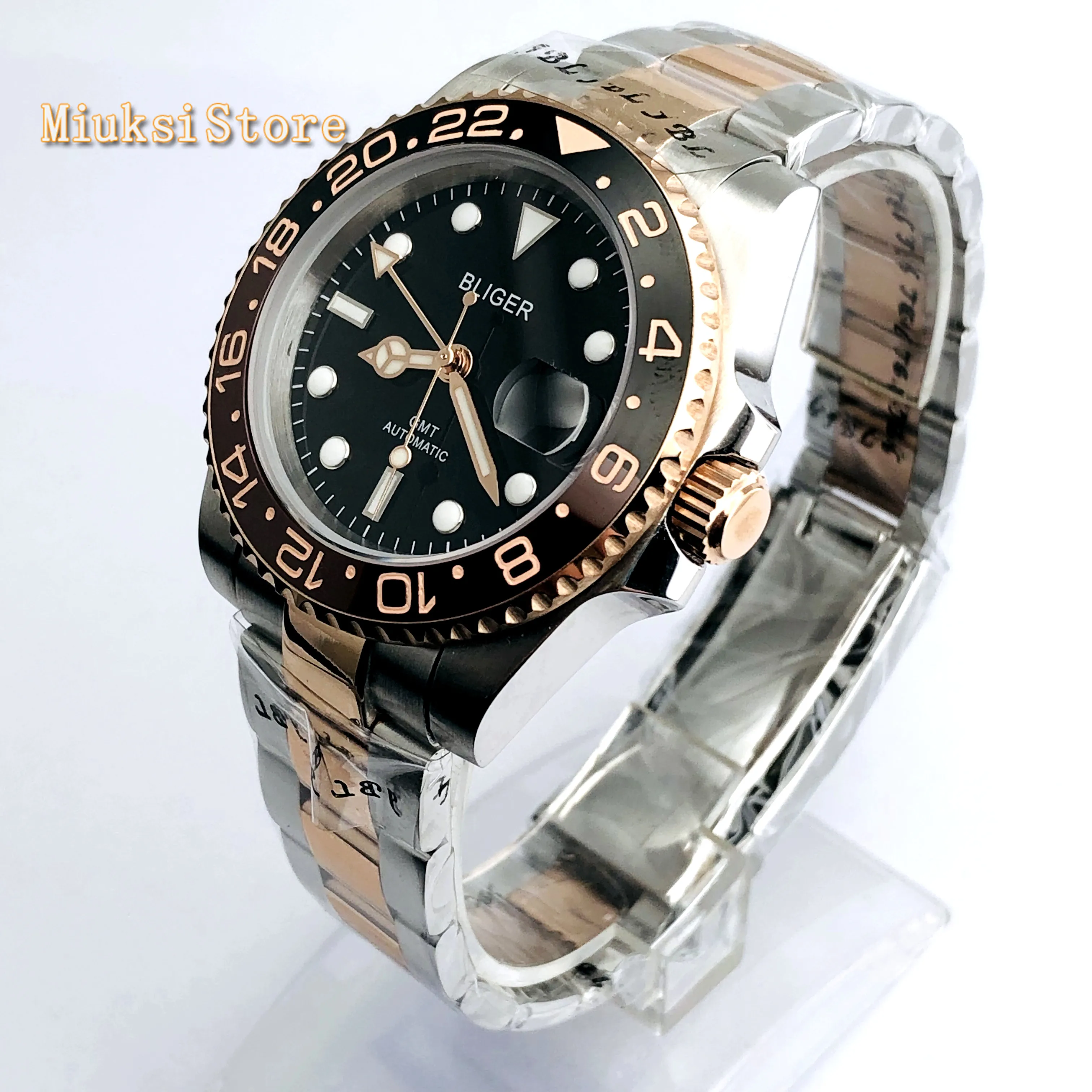 Bliger 40 мм Мужские лучшие деловые часы GMT черный циферблат сапфировое стекло керамический ободок окно даты светящиеся автоматические механические часы