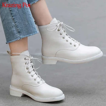 

Krazing pot sheep leather keep warm round toe western boots cowboy handsome thick med heels lace up streetwear ankle boots L81