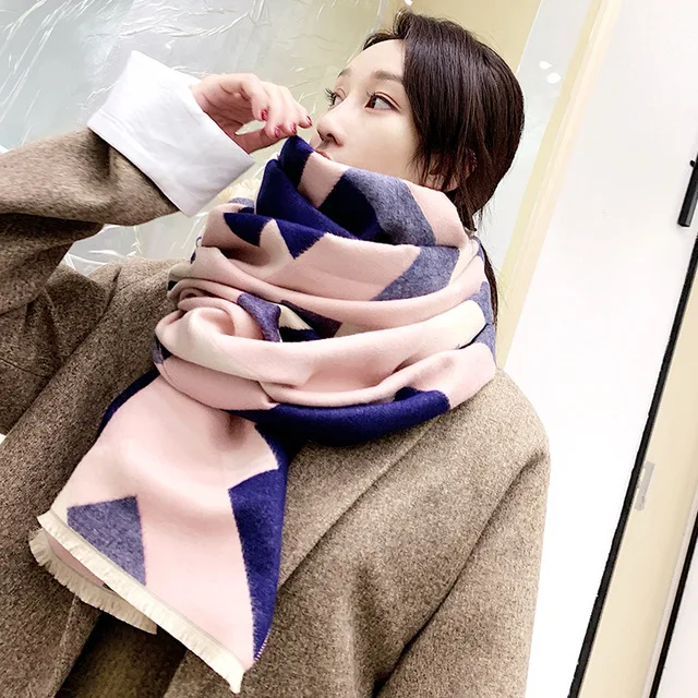 Luxury Winter Women Blue and white porcelain Brushed Cashmere Scarf Ladies Brand Warm ShawlLarge Pashmina Travel Blanket Wraps - Цвет: Style 5 blue pink