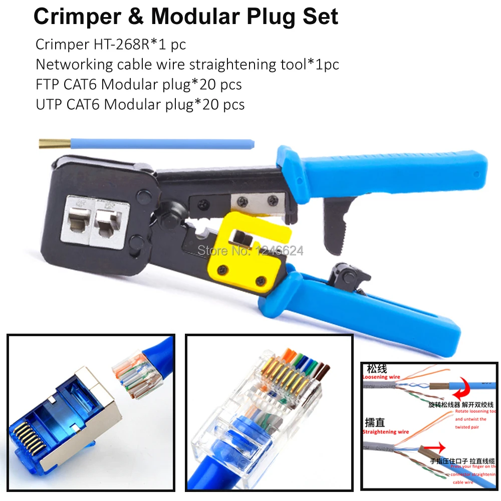 

Crimper & Modular Plug Set Wire Muitl Purpose HT-268R Network Cable Crimping Tools FTP/UTP CAT6 Modular plug* 20 pcs