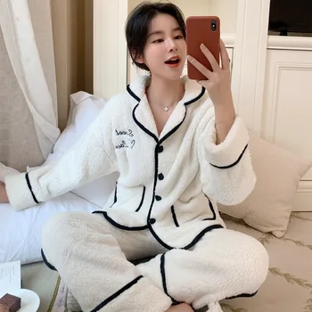 

Sweet Embroidery Double plush Coral velvet pajamas Set 2-Pieces Flannel Pajamas Suit Women Winter Casual Plus Size Homewear