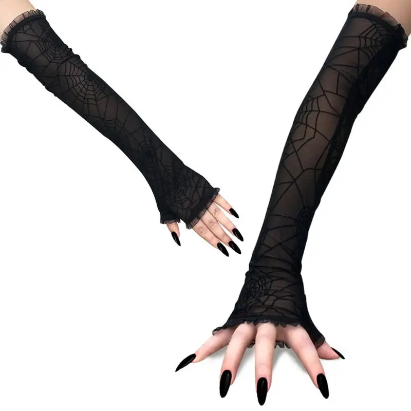 Women Halloween Fingerless Long Gloves Lady Female Stylish Rhinestone Spider Web Cosplay Costume Gloves