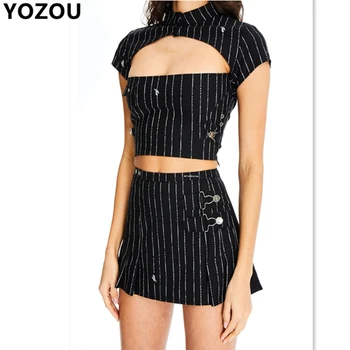 

Summer punk retro vintage hollow out short sleeve crop top tee high waist mini skirts short skirt women sets femme YL-17