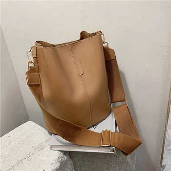 

Burminsa Japanese Style Small Bucket Women Shoulder Bags Wide Strap Soft PU Leather Crossbody Bags For Young Female 2020 Winter