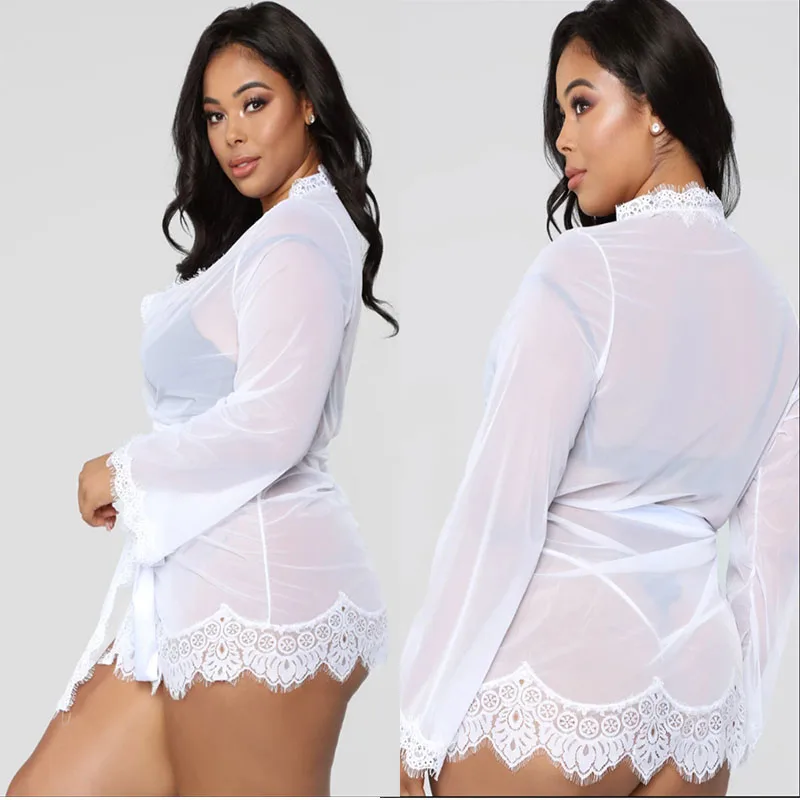 Plus Size Mesh Nightgown Robe With G String + Belt Erotic Lace Babydoll Lingerie sexy kimono Sleepwear Women Underwear Dresses (5)