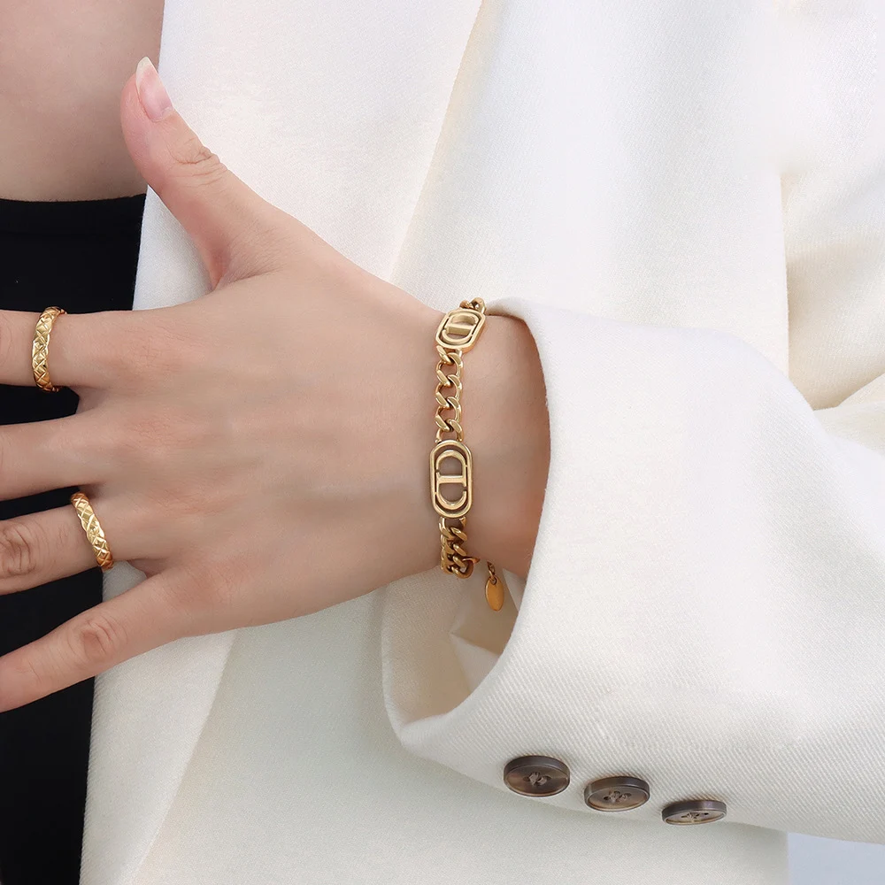 YAONUAN Hiphop Titanium Steel Gold Plated Bracelet For Women Double D Thick Line Design Chain Bracelet 2021 Trendy Party Jewelry