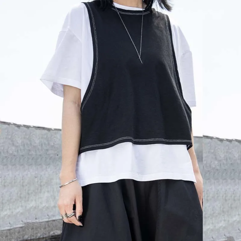 Eam Women White Black Split Joint Big Size T Shirt New Round Neck Half Sleeve Fashion Tide Spring Summer 21 1w257 T Shirts Aliexpress