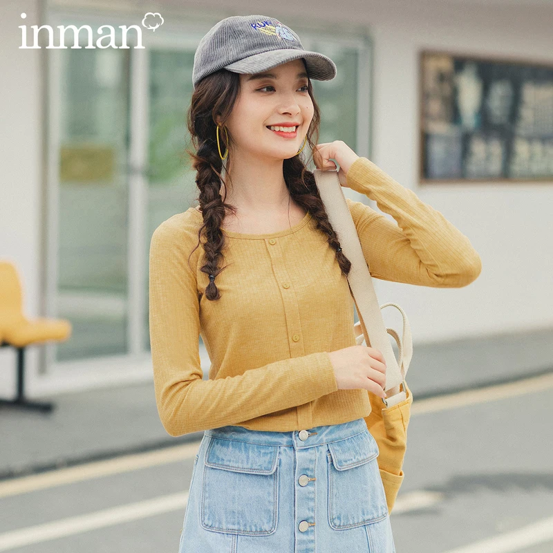 INMAN, осенне-зимняя Однотонная футболка в Корейском стиле, женская модная Однотонная футболка с длинным рукавом