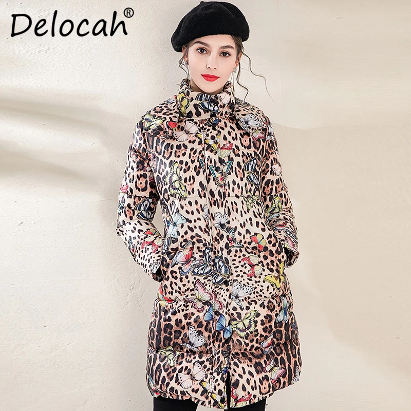 

Delocah Women Down Coat Runway Fashion Designer Long Sleeve Leopard Printed 90% White Duck Down Coat Winter New Warm Lady Jacket