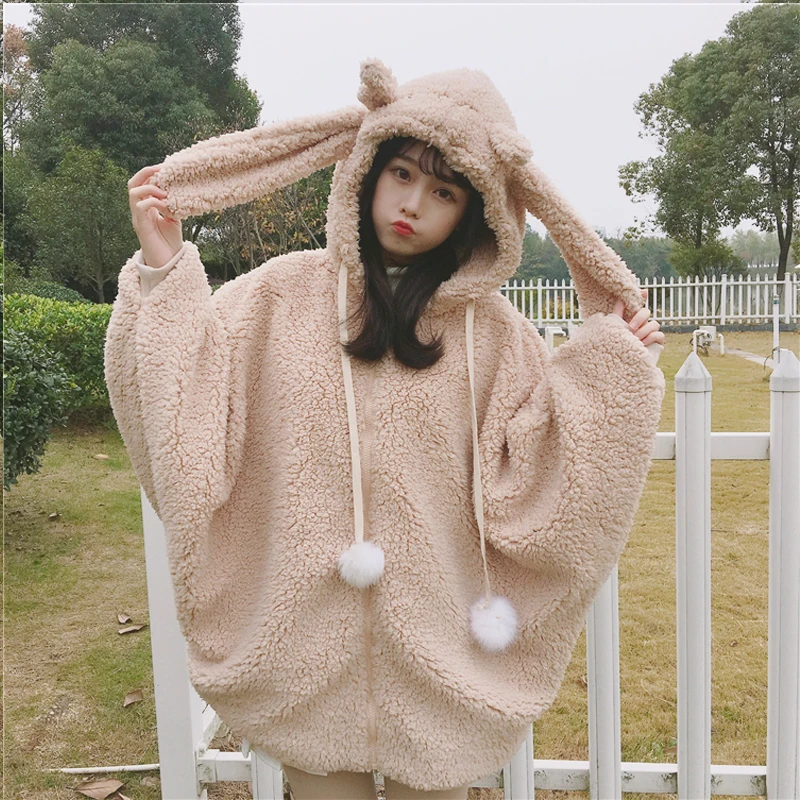 

Zip Up Lolita Coat Women Winter Warm Korea Harajuku Batwing Sleeve Faux Fur Jacket Kawaii Soft Girl Cute Rabbit Ears Hoodies new
