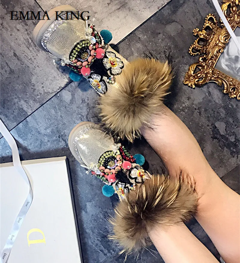 Emma king/Новые модные женские зимние ботинки до середины икры с цветочным узором, с подкладкой из натурального меха женские теплые ботинки на меху с кисточками