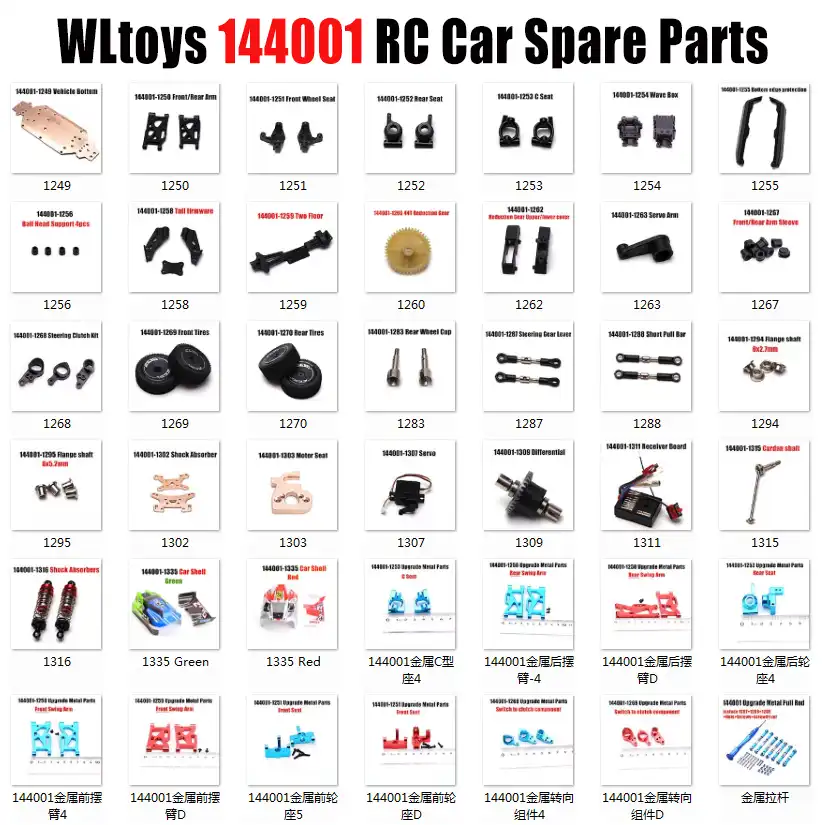 Wltoys 144001 RC Car Spare Parts 1271 1309 Axis/Shell/Shaft/Motor/Gear