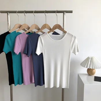 

Sherhure 2020 Summer Pure Color T Shirts Women Short Sleeve Stretch Slim T Shirt Harajuku Casual Tops For Women White Tees