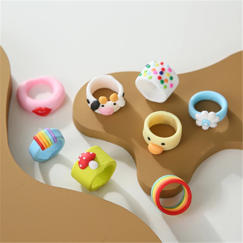 Женское кольцо AOMU разноцветное ручной работы из глины с цветком радуги желтой
