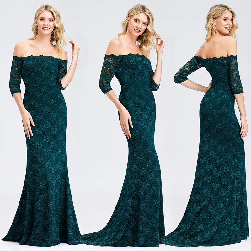 

Green Evening Gown Europe And America off-Shoulder yu wei kuan Sheath in Long Sleeve Elegant Annual General Meeting Evening Gown